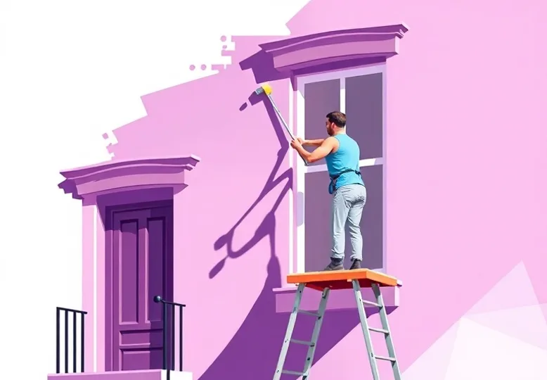 Peintre sur échafaudage traitant la façade d'une maison