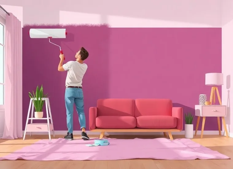 Peintre appliquant la peinture au rouleau sur un mur de salon